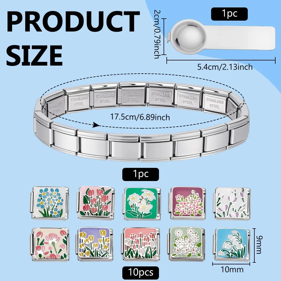 WEBEEDY Pulsera italiana de acero inoxidable ajustable DIY Modular Charm pulsera con colgantes y herramienta de apertura, eslabón italiano modular para mujeres hombres plata