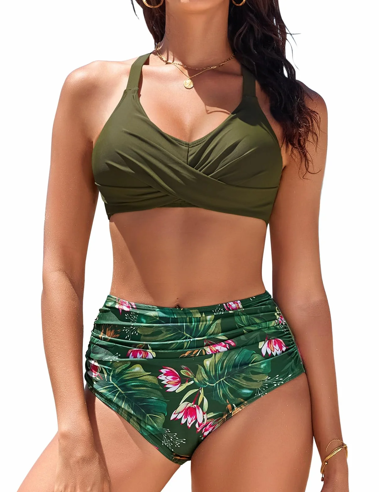 Heekpek Bikini Mujer Push Up Cintura Alta Cuello en V Cruzado Delantero Dos Piezas