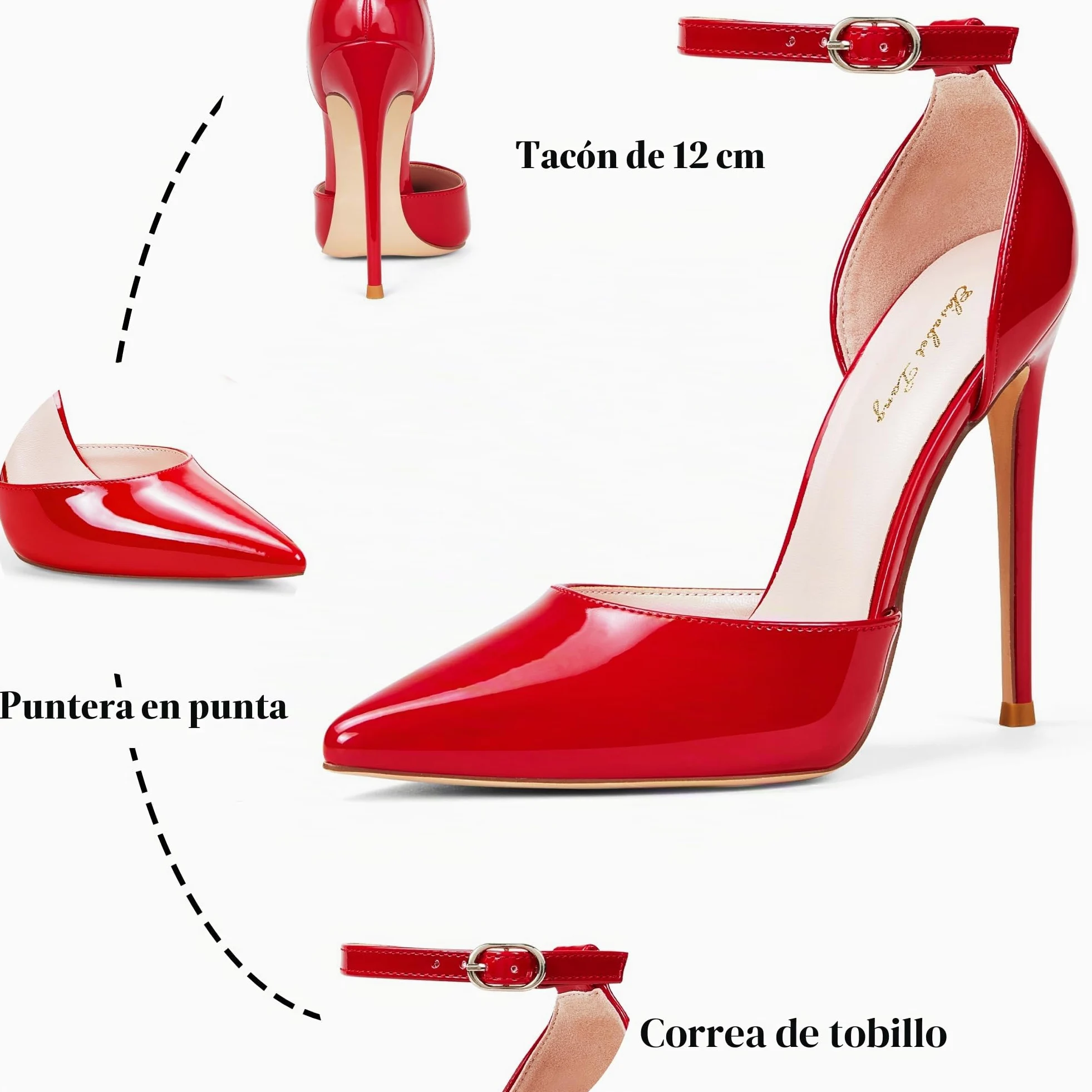 Zhabtuc Tacones Altos, Zapatos De Tacón para Mujer D'Orsay con Correa En El Tobillo, Stilettos con Punta Puntiaguda, Zapatos De Boda para Fiesta, Altura De Tacón De 12 Cm, 36-42 EU