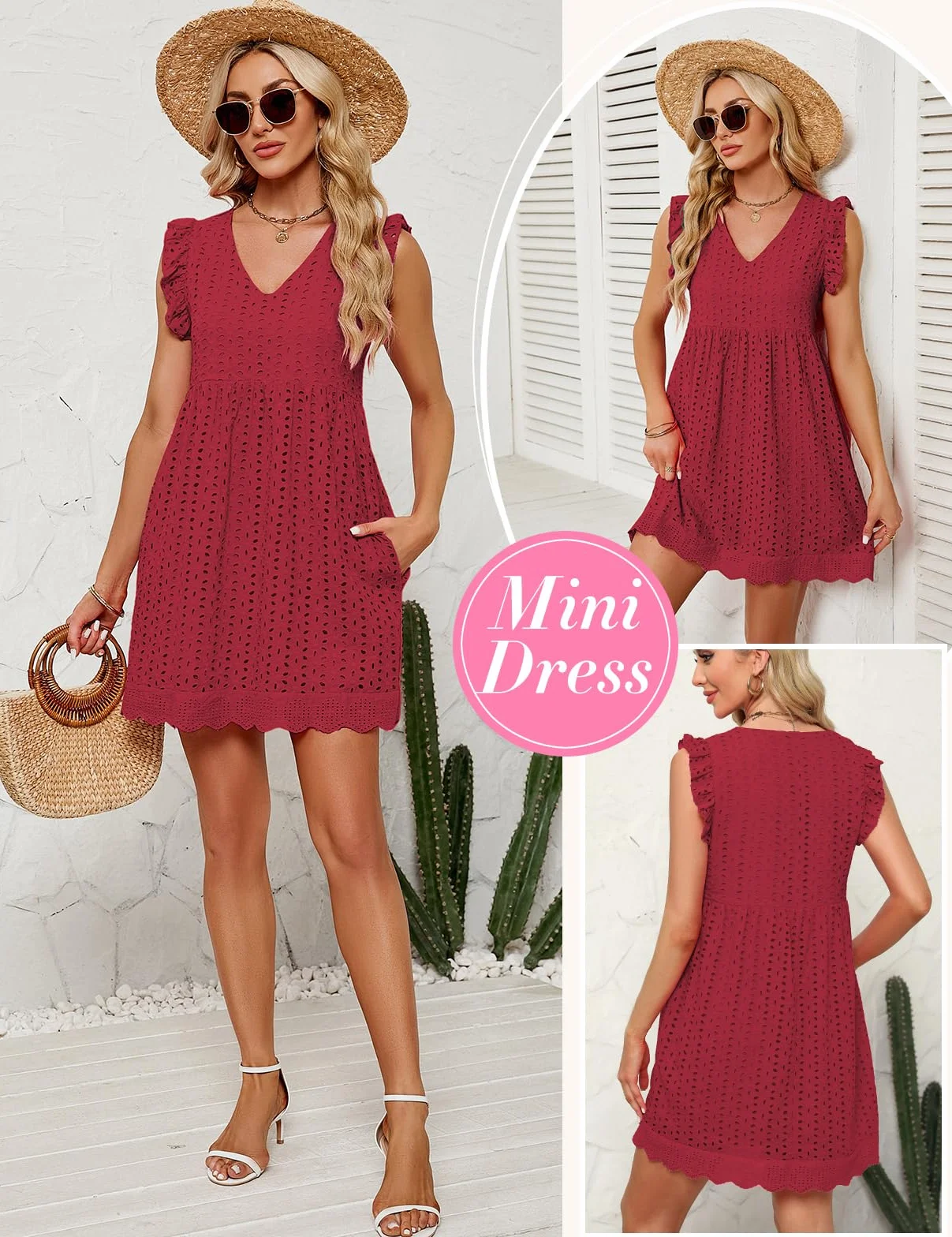 heekpek Vestidos Verano Mujer Sin Mangas Cuello V Algodón Flores Jacquard Casual Playa Bolsillos