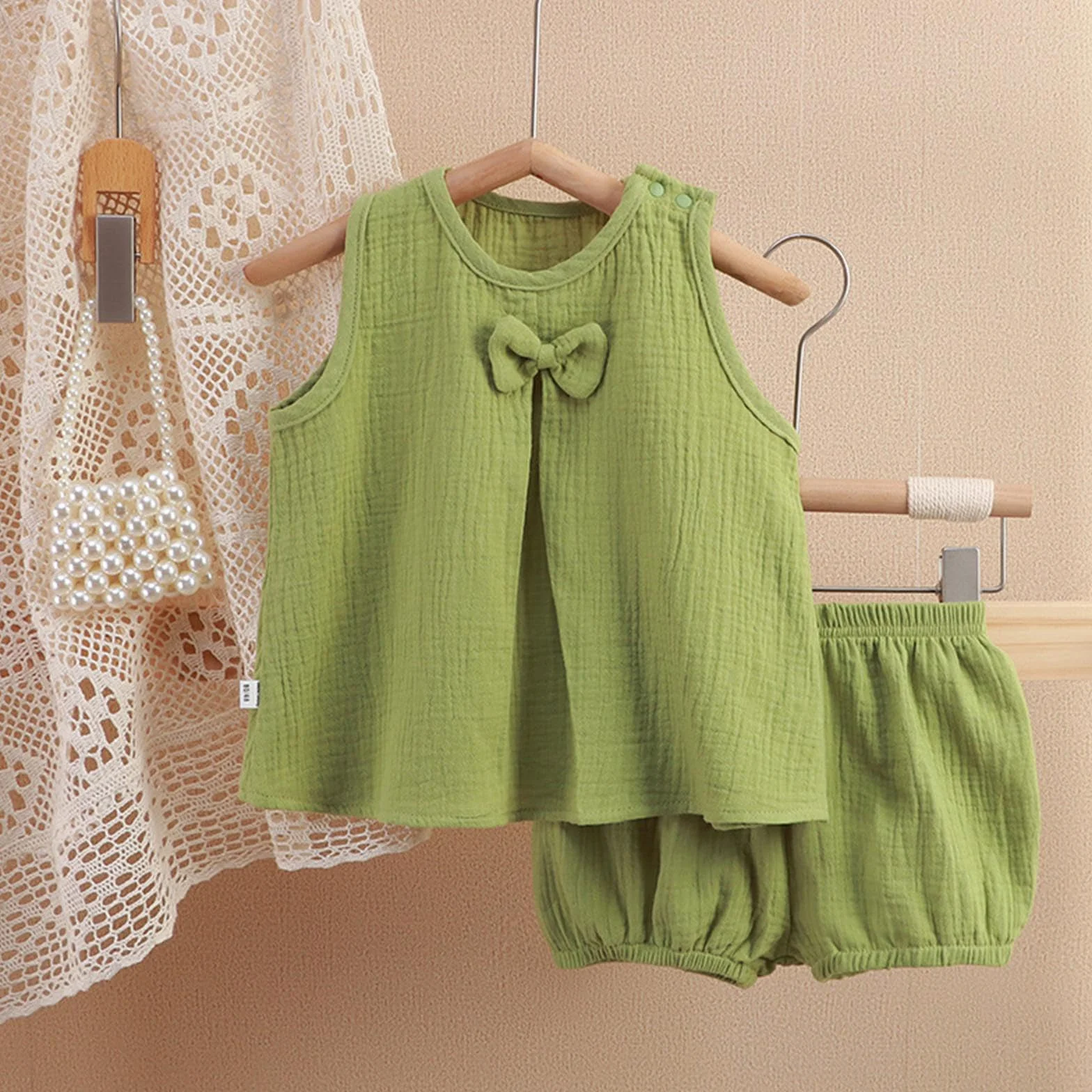Generisch Chándal para niños, traje para niña, conjunto de vestido de primavera y verano, monocolor, doble capa, transpirable, cómodo, arco para casa, ropa de bebé de 12 meses