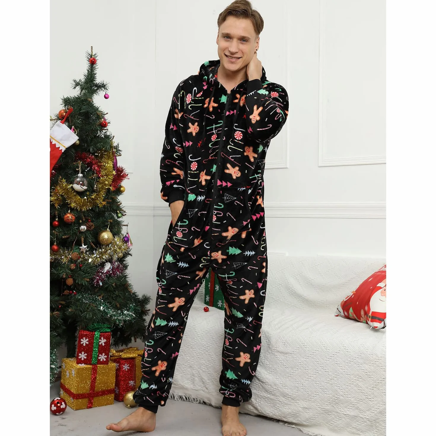 Pijama Navidad Una Pieza Hombre Franela Pijamas Mono Entero con Capucha Manga Larga Invierno Calentito Jumpsuit Adulto Onesie Ropa de Casa Dormir Caramelo de Navidad Negro XL