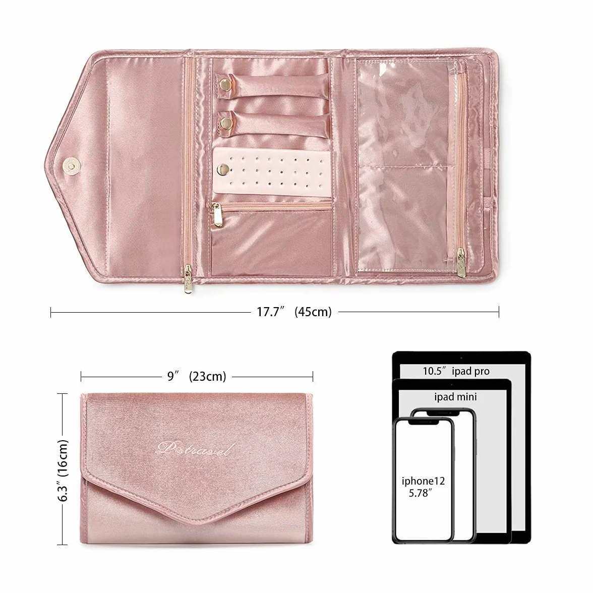 Bolsa de Rollo de Joyería, Organizador de Joyas Terciopelo Estuche Joyas Bolsas Viaje para Collares, Pulseras, Pendientes, Anillos, Relojes - Rosa …