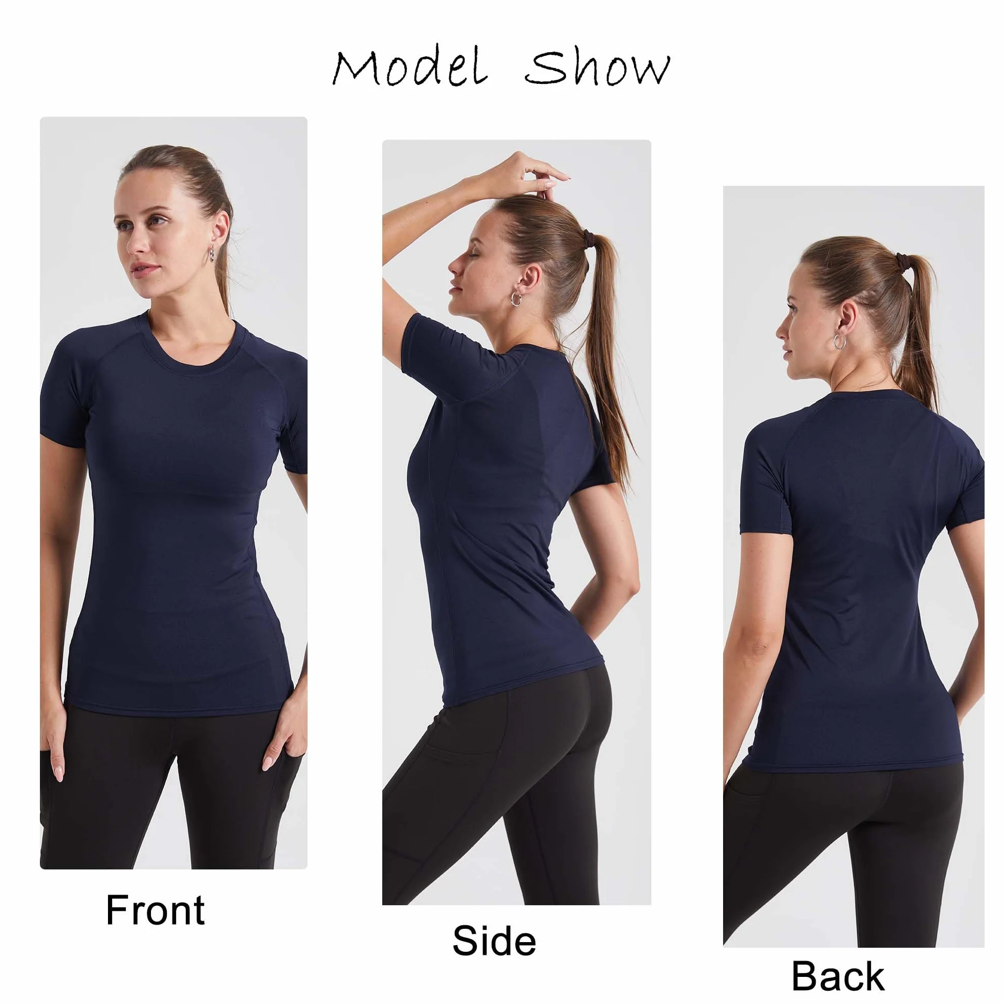 YUSHOW Camiseta deportiva de manga corta para mujer, camiseta de compresión, fitness, secado rápido, gimnasio, parte superior, cuello redondo, transpirable, verano