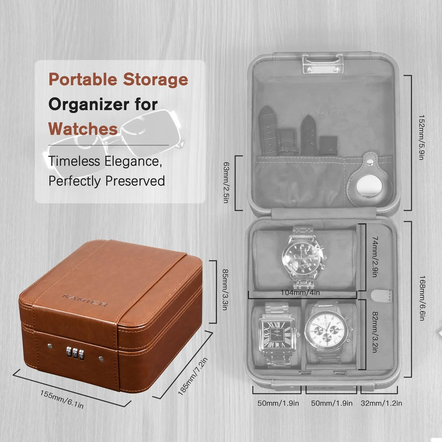 KAMIER Caja de reloj con cerradura de combinación, almacenamiento de 4 relojes y organizador de joyas, estuche de viaje para almacenamiento de anillos y relojes, funda de reloj de viaje de piel