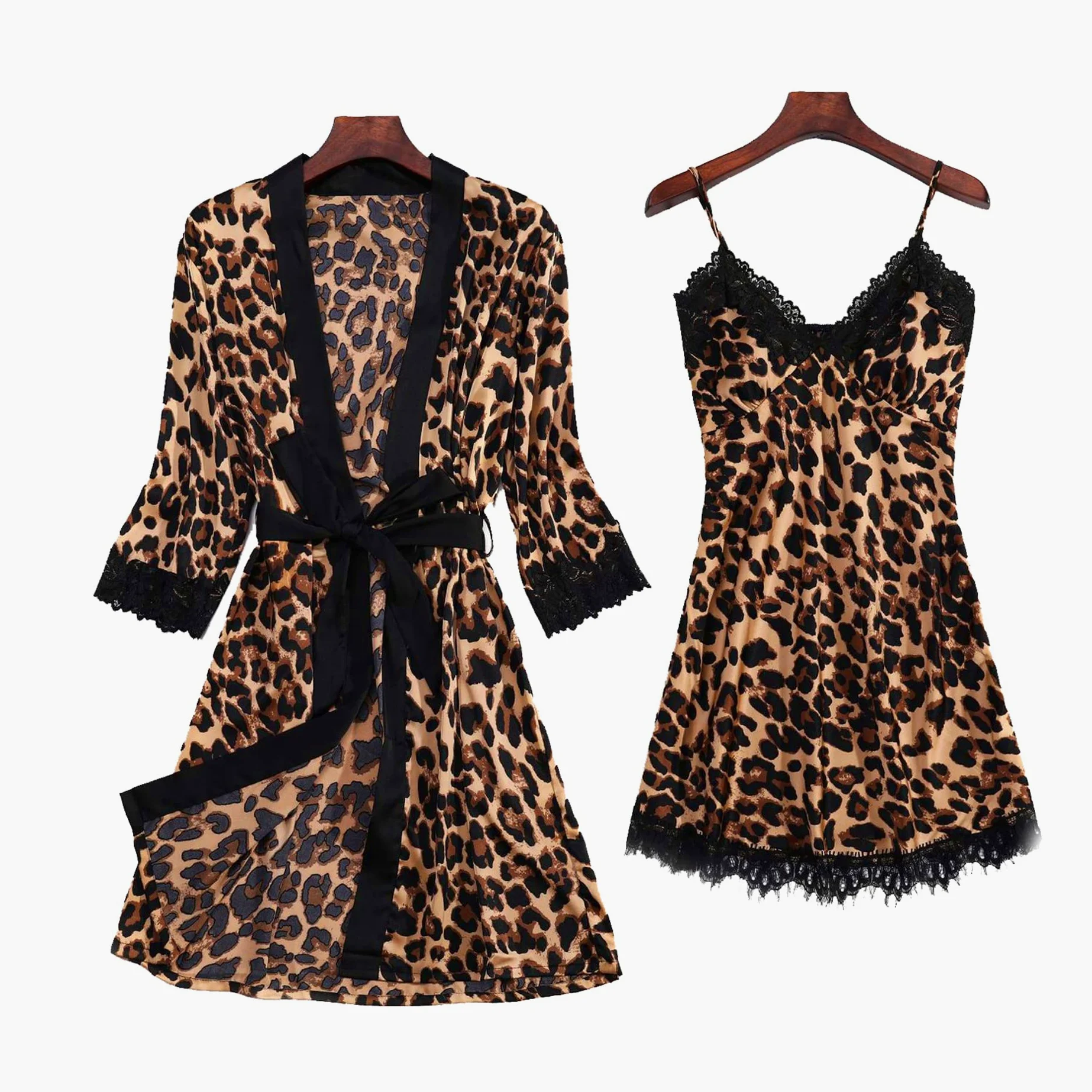 Conjunto de Pijama de Raso de 4 Piezas para Mujer Vestido Kimono de Encaje Conjunto de Pijama Sexy Negligee y Camisón Corto Conjunto de 4 Piezas