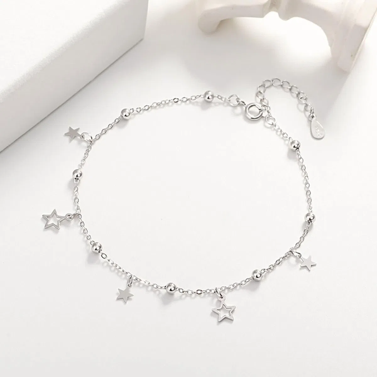 Tobillera Boho Au585 de oro blanco, 14 quilates con estrella para mujer, pulseras para niñas y mujeres, 23 cm de longitud