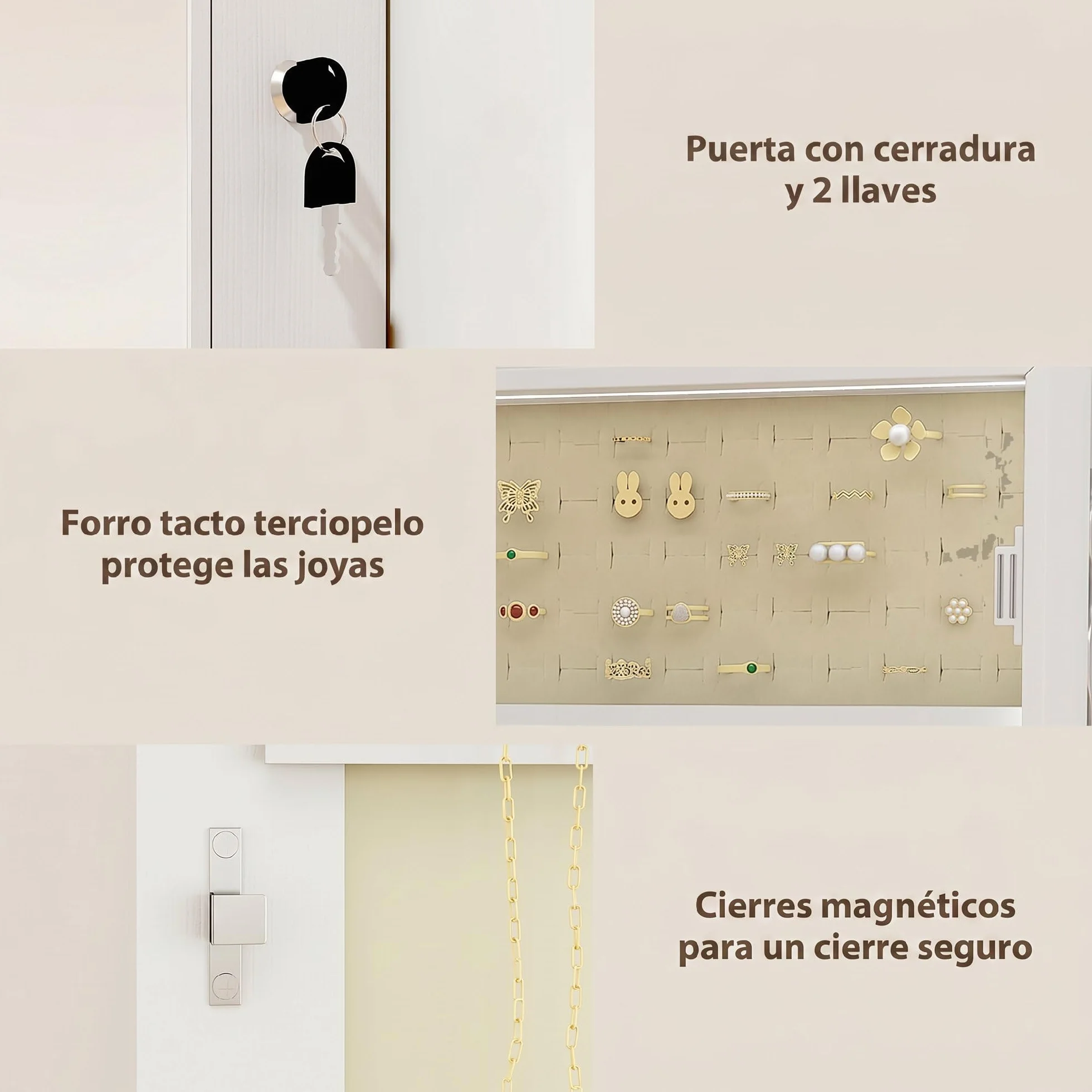 HOMCOM Espejo Joyero con Luz LED, Armario Joyero Montado en la Pared o en la Puerta, Armario para Joyas con Cerradura, Espejo Entero sin Marco, 2 Cajones, para Regalo, 37x10x120 cm, Blanco