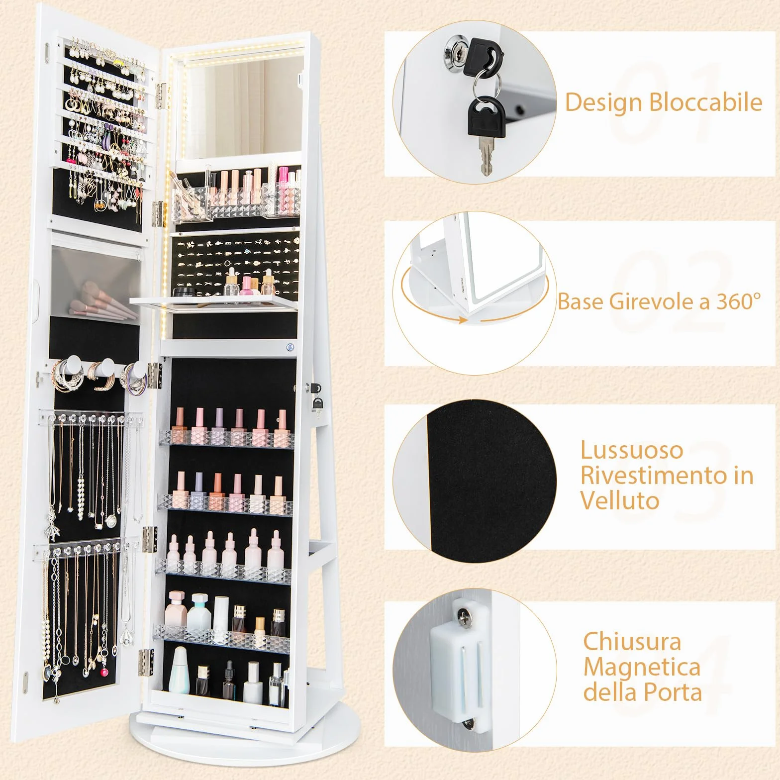 RELAX4LIFE Armario Joyero con Base Giratoria 360°y Espejo Cuerpo Entero, Espejo Joyero de Pie con Luces LED Luminosas, Organizador para Joyas y Accesorios (Blanco, 54,5x54,5x160 cm)
