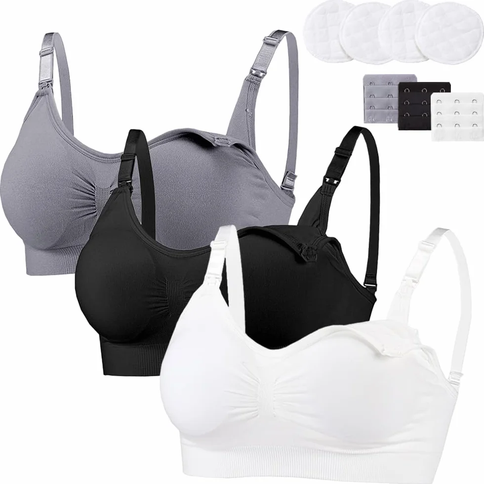 Paquete de 3 Sujetadores de Lactancia para Mujer, Sujetador de Maternidad inalámbrico sin Costuras, Sujetadores de Lactancia, Bralette, Camisola, Sujetadores para Dormir con Almohadillas extraíbles