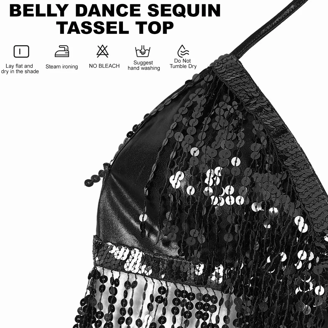 Top de danza para mujer con borlas y lentejuelas para danza del vientre negro
