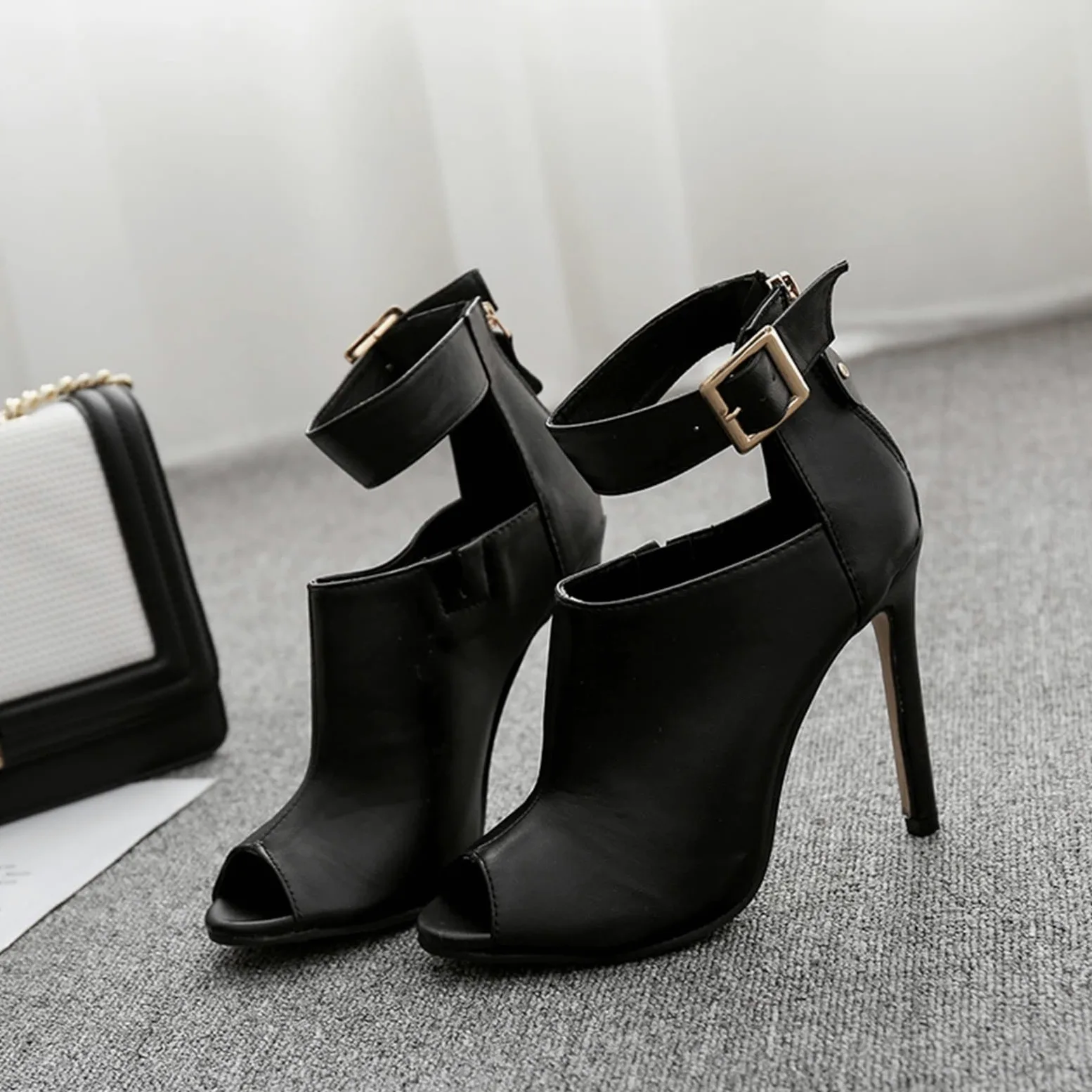 Genérico Sandalias De Tacón Alto con Puntera Abierta para Mujer, Suela De Goma Antideslizante, Correa Ajustable En El Tobillo, Diseño Elete De Punta Abierta (Black 42 EU)
