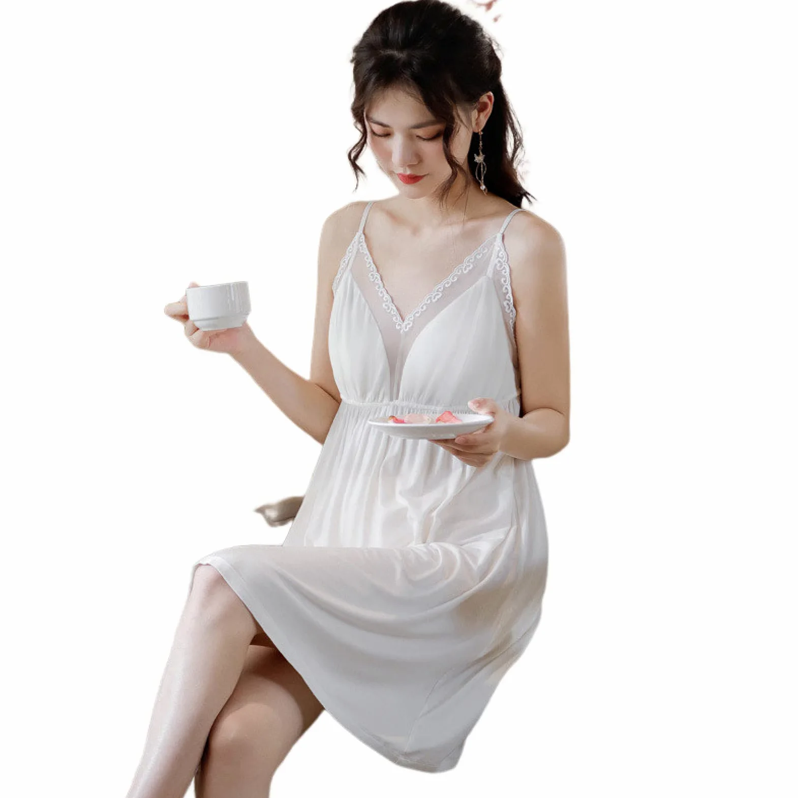 OFFSUM Camisón De Pijama De Mujer - Camisón Sexy De Encaje con Cuello En V De Algodón De Longitud Media Vestido De Verano Sin Mangas con Tirantes Ropa De Casa Ropa De Dormir De Princesa