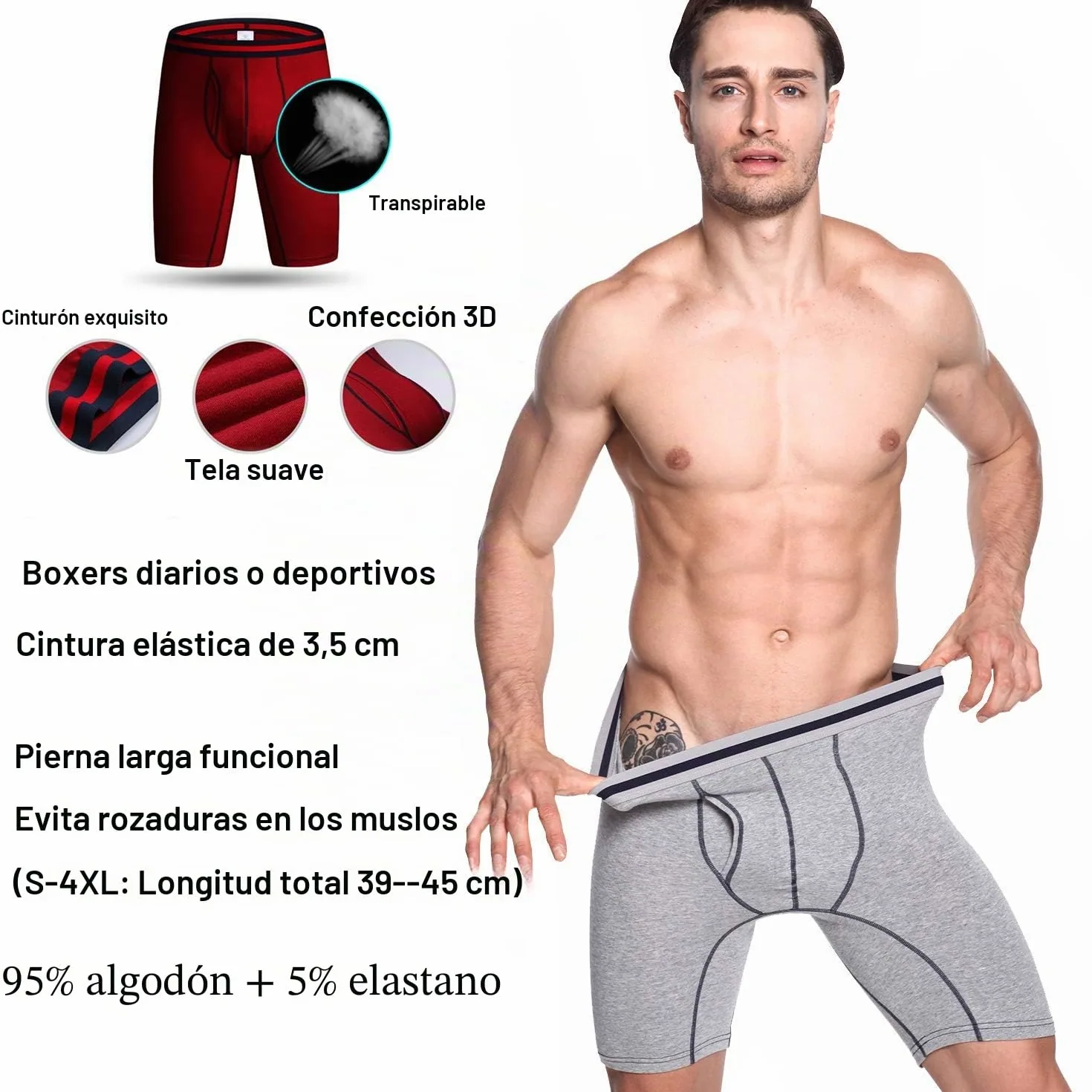 Nuofengkudu Hombre Largos Bóxers Algodon Calzoncillos Deportiva (Pack de 4 o 3)