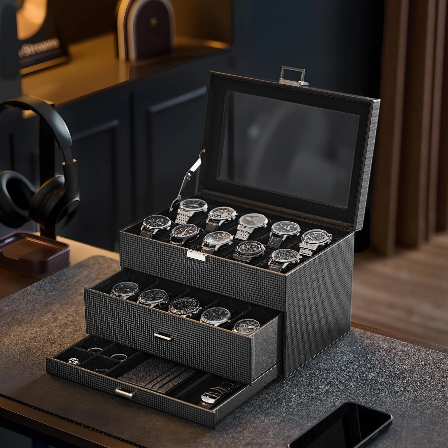 ProCase Organizadora para Relojes para Hombre, 20 Ranuras Caja Organizadora de Joyería de 3 Capas con Cajón Estuche de Almacenaje con Tapa de Cristal Vitrina Expositor -Negro Puro