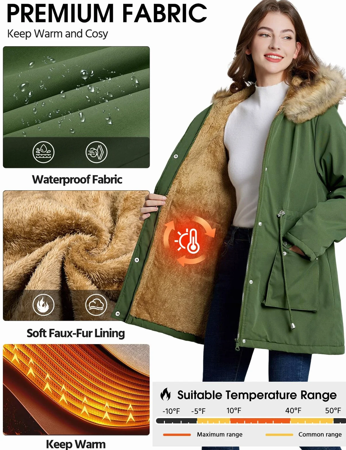 Xnova Abrigos Parka Mujer Invierno Forro Polar Chaquetas Impermeable Largo Chaquetones Térmica Cremallera Capucha Pelo Sintético Cazadora Cálido Gruesa