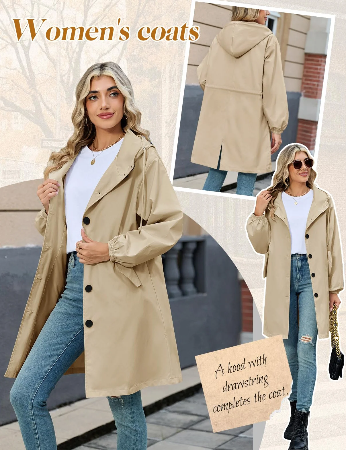 Vancavoo Gabardinas de Mujer Abrigo Largo Trench Coat Cortavientos Primavera Chaqueta con Capucha