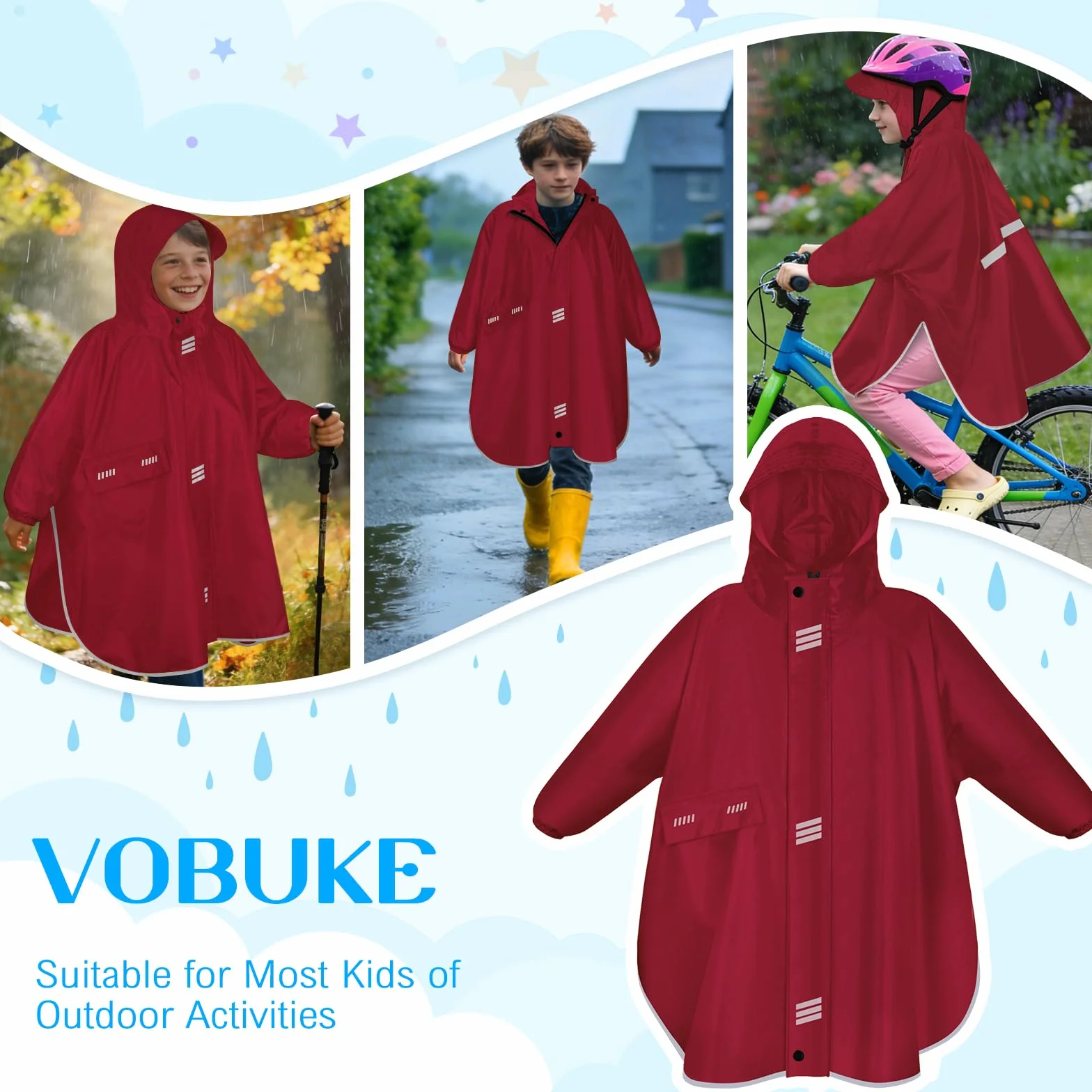 Poncho Lluvia Impermeable Niño Niña Unisex con Capucha Mangas Reflectantes