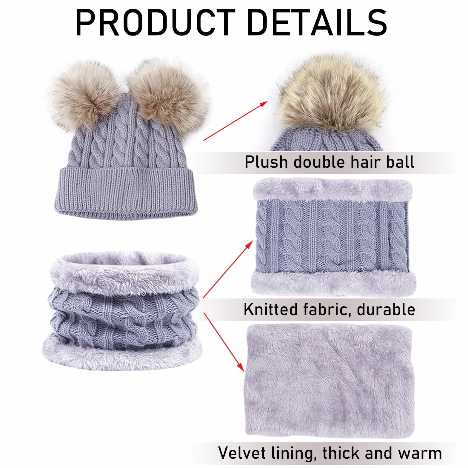 JSTHHTT 3 in 1 Conjunto de Gorro Bufanda y Guantes Niños, Térmico Pompón Beanie Gorro, Sombrero de Punto Invierno Cálido con Pompon, para Niños Niñas 2-4 Años