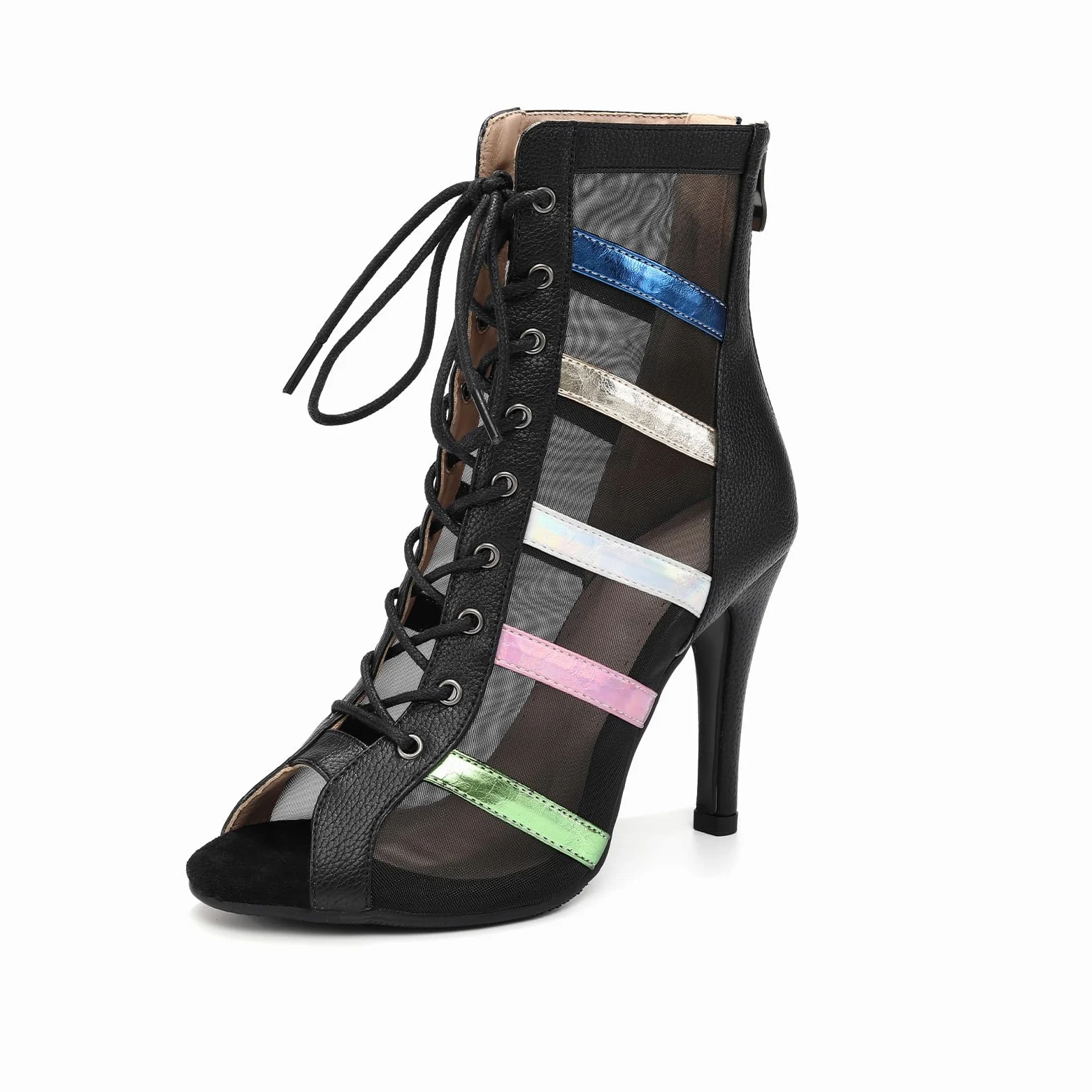 SWDZM Zapatos de Baile Latino Mujer Botas Punta Abierta | Textura con efecto de piel de lichi,malla transparente,suela de piel de vaca,altura de 9,5 cm,transpirables,fáciles de poner