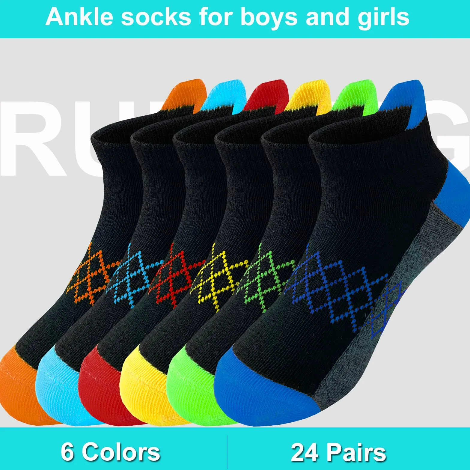 Calcetines para niño, 24 pares de calcetines de corte bajo medio acolchados para niños pequeños y grandes de 3 a 14 años