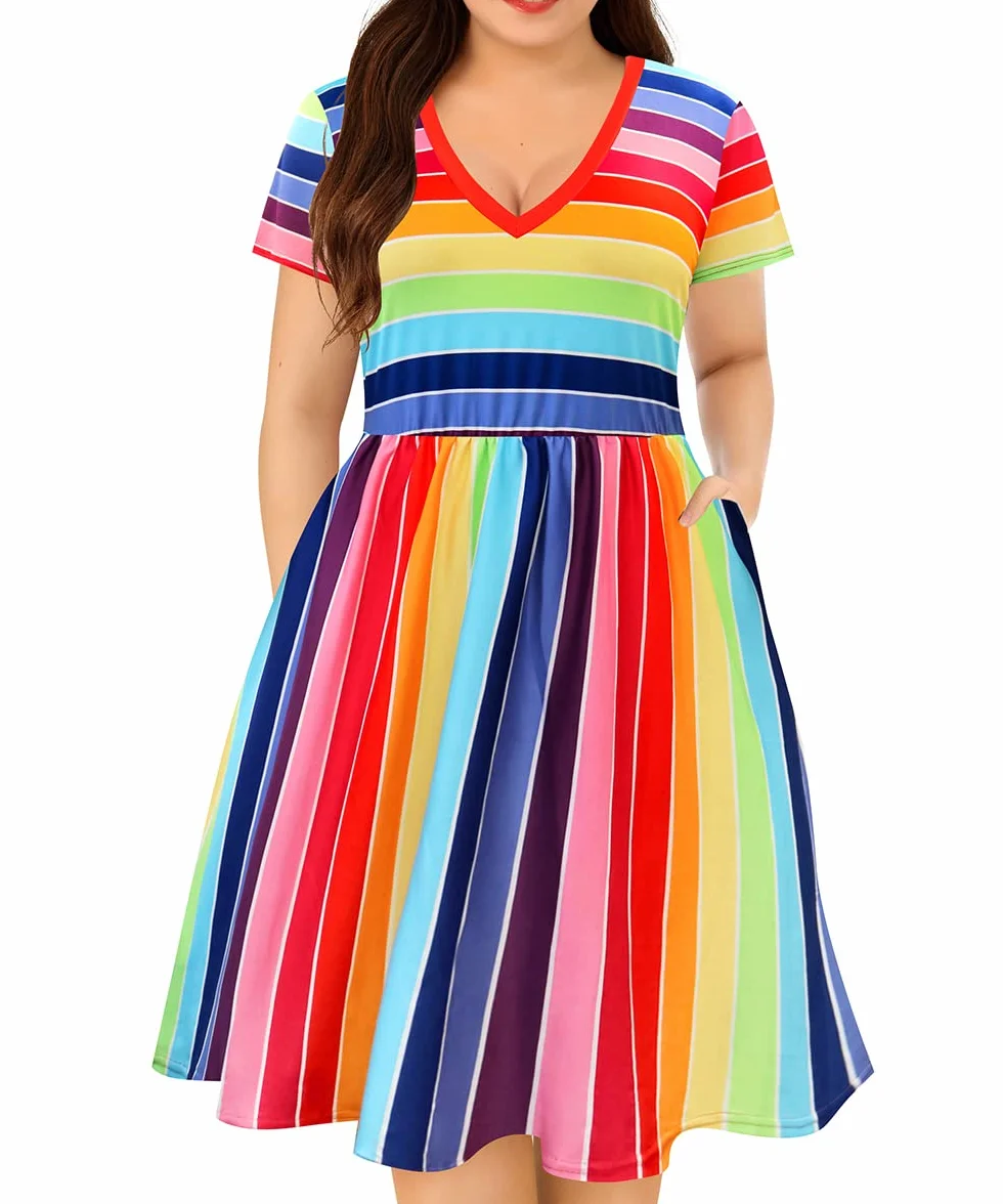 RITERA Vestidos de talla grande para mujer con curvas, vestido de verano de manga corta, cuello en V, cintura alta, vestido casual de retazos, XL-5XL