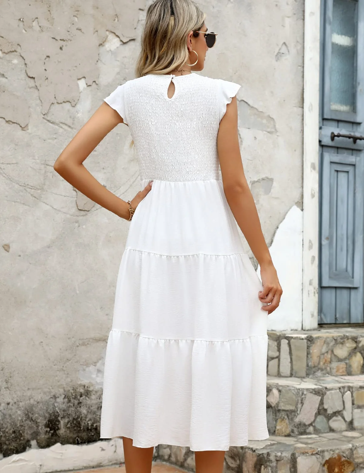 Yuson Mujer Vestido Largo Verano Cuello Redondo Manga Volante Elegante hasta la Rodilla Playa Elástico Casual