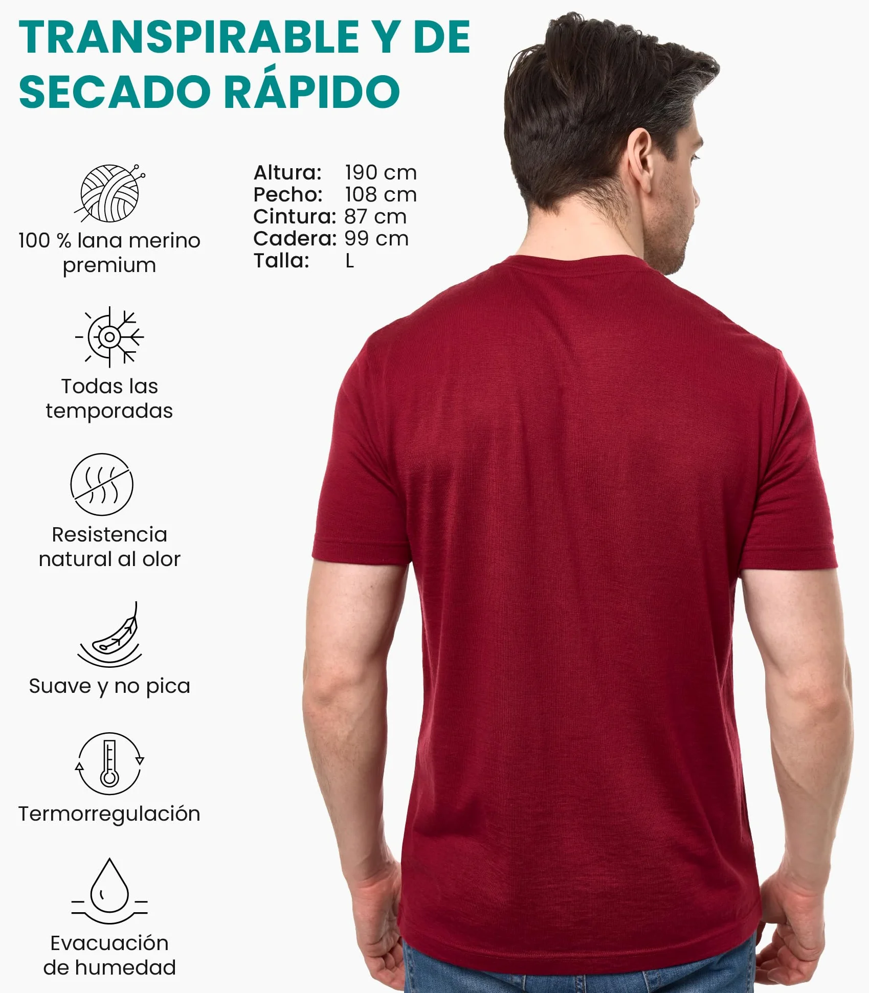 Merino.tech Camiseta Interior de Lana Merino 100% para Hombre (Large, Dark Red)