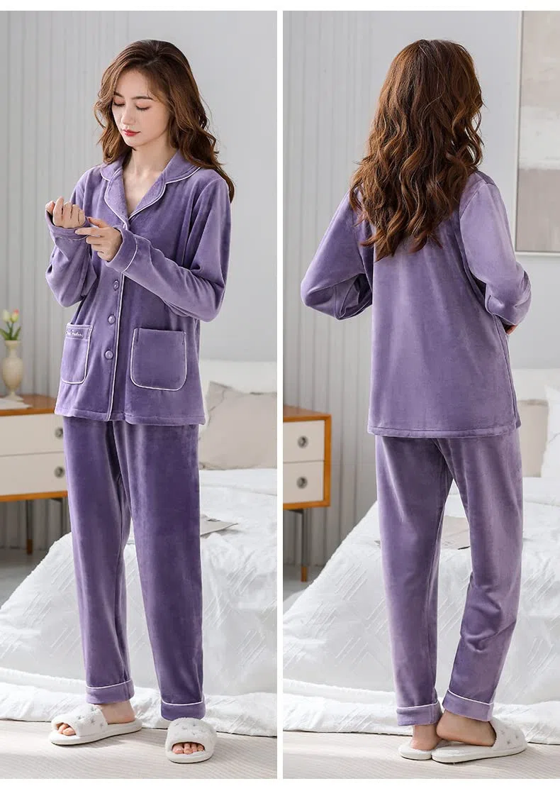 LUBOSE Conjunto de pijama de franela para mujer, ropa de descanso, 2 piezas, pijama térmico con botones, 3XL, morado