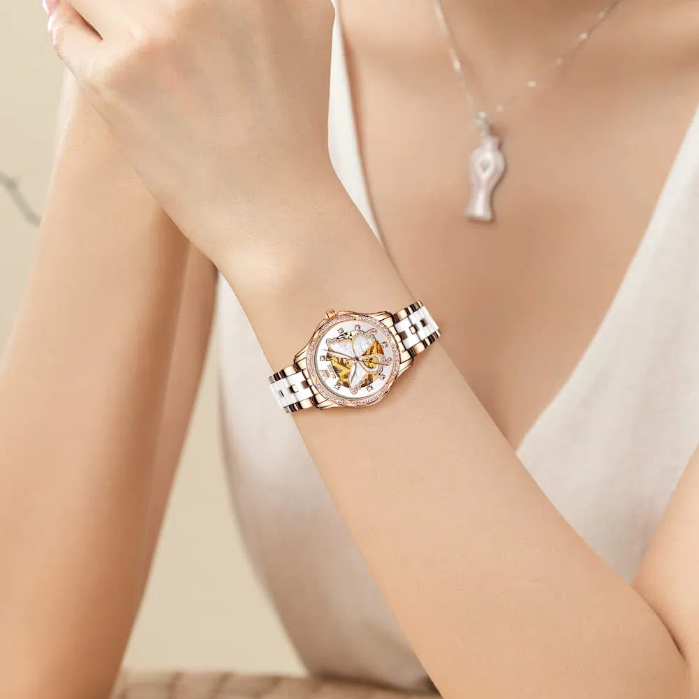 OLEVS Relojes automáticos para mujer, oro rosa, vestido de diamantes de moda, reloj de pulsera mecánico de dos tonos, correa de cerámica impermeable luminosa, juego de regalo, Esfera de mariposa