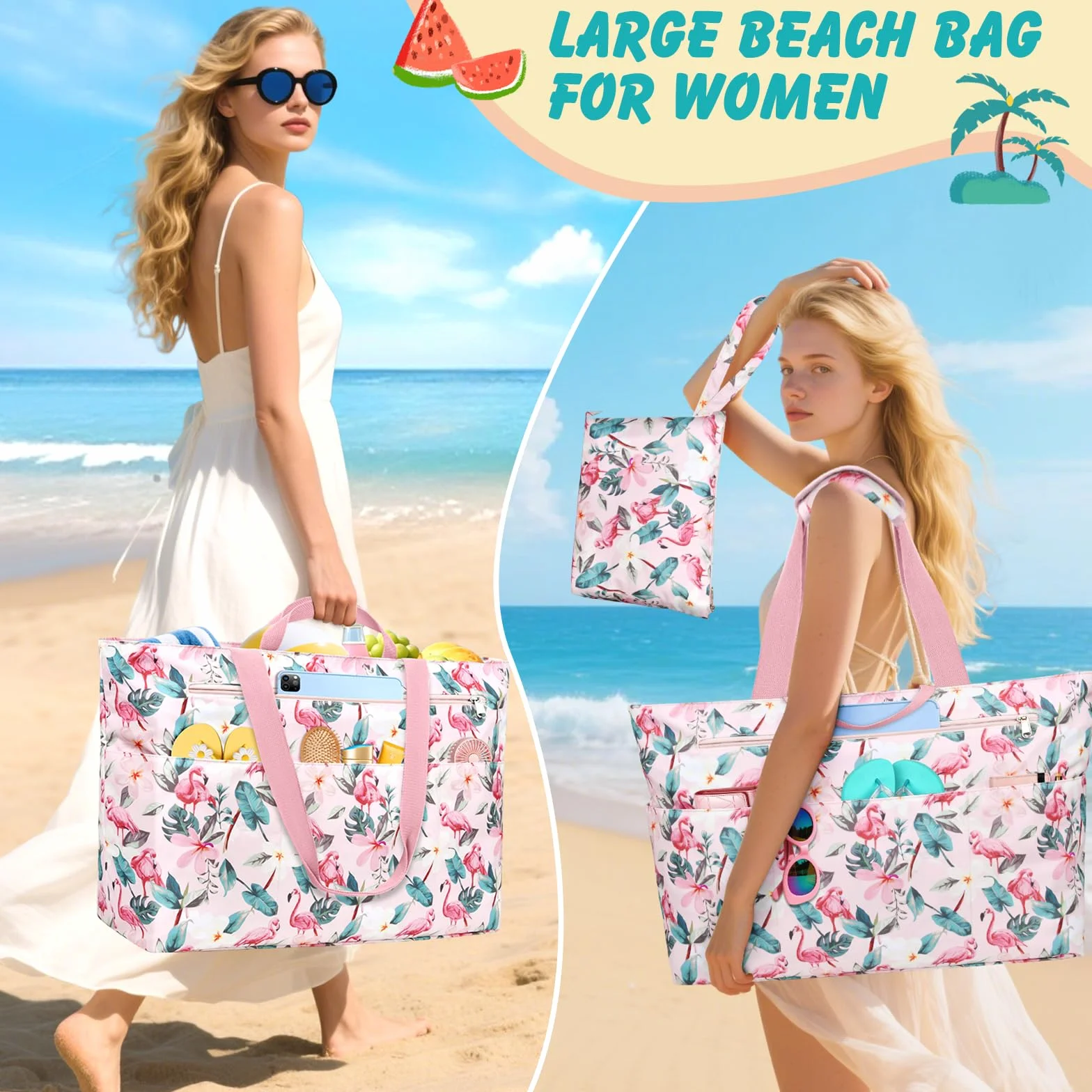 Bolsa Playa Mujer Grande Xxl Familiar Bolsos Playa Con Cremallera Beach Bag Plegable Bolsa Viaje Ligero Tote Bag Mujer Para Playa, Viajes, Picnic. 50L