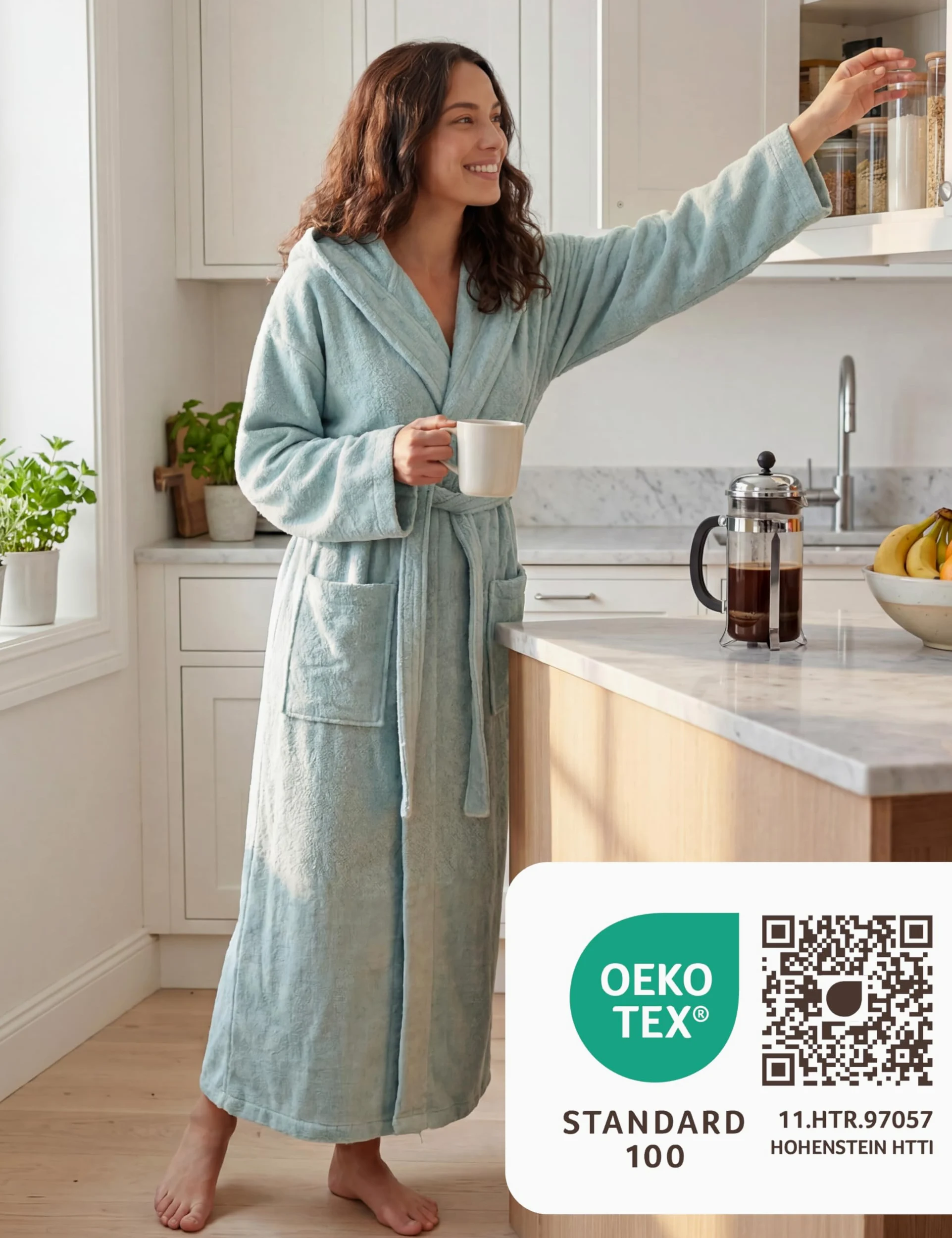 Albornoz Mujer Extra Largo con Capucha – 100% Algodón Rizo 380 g/m² – Bata de Baño Sauna y Spa, Hasta los Tobillos, Suave, Absorbente, Tallas S–XXL