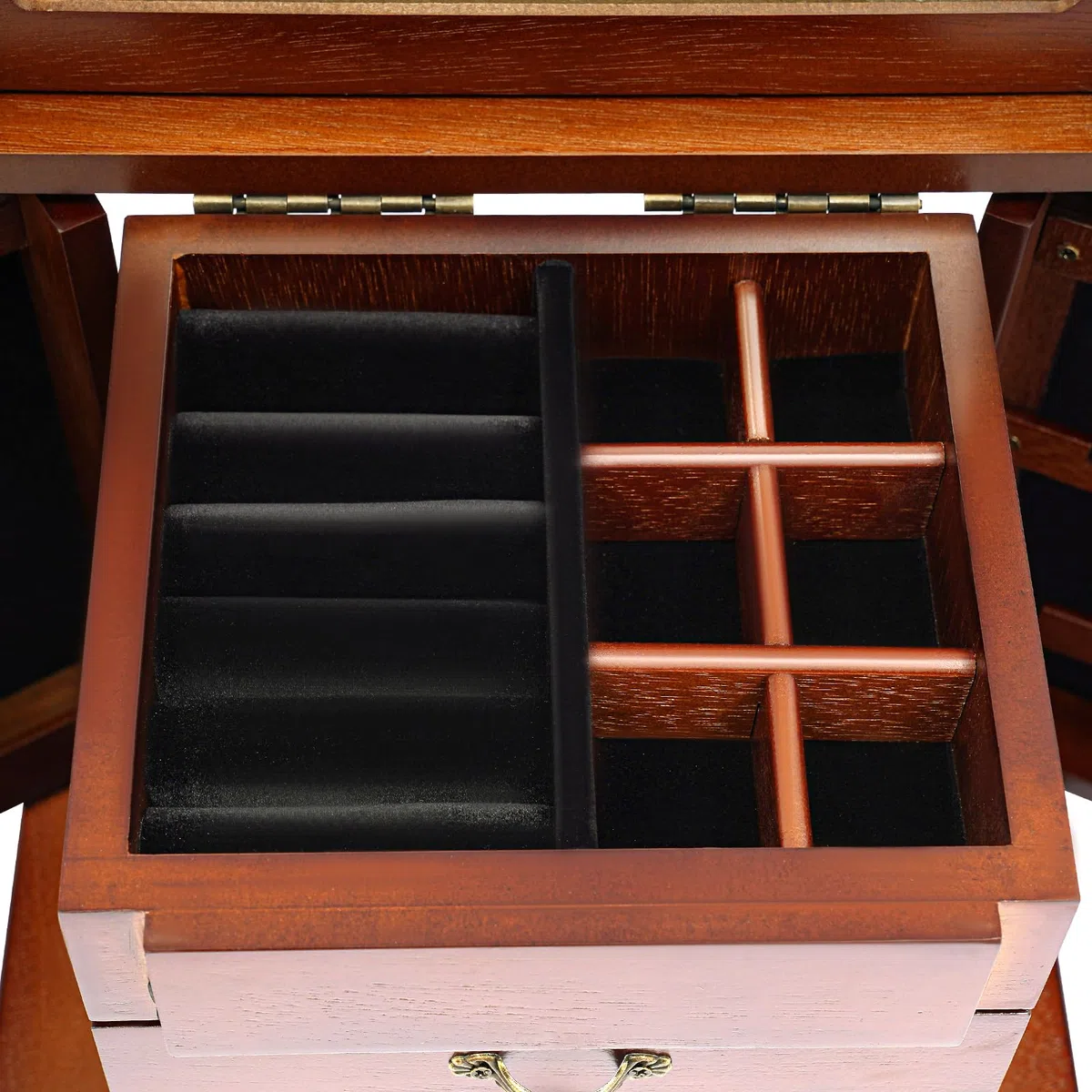 Joyero de madera grande, joyero con cajones de madera, con llave y cerradura, puertas dobles para anillos, pendientes, collares