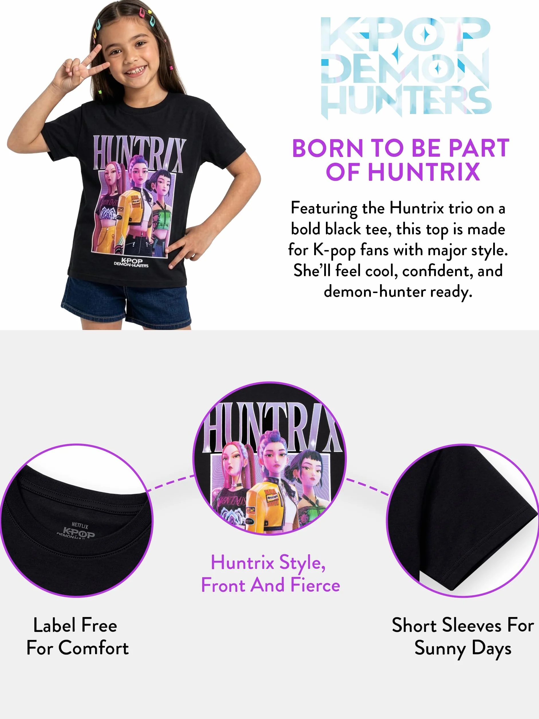 KPop Demon Hunters Camiseta Niña, Camiseta KPOP Niña con Motivo De Huntrix, Top Niña Manga Corta para El Verano