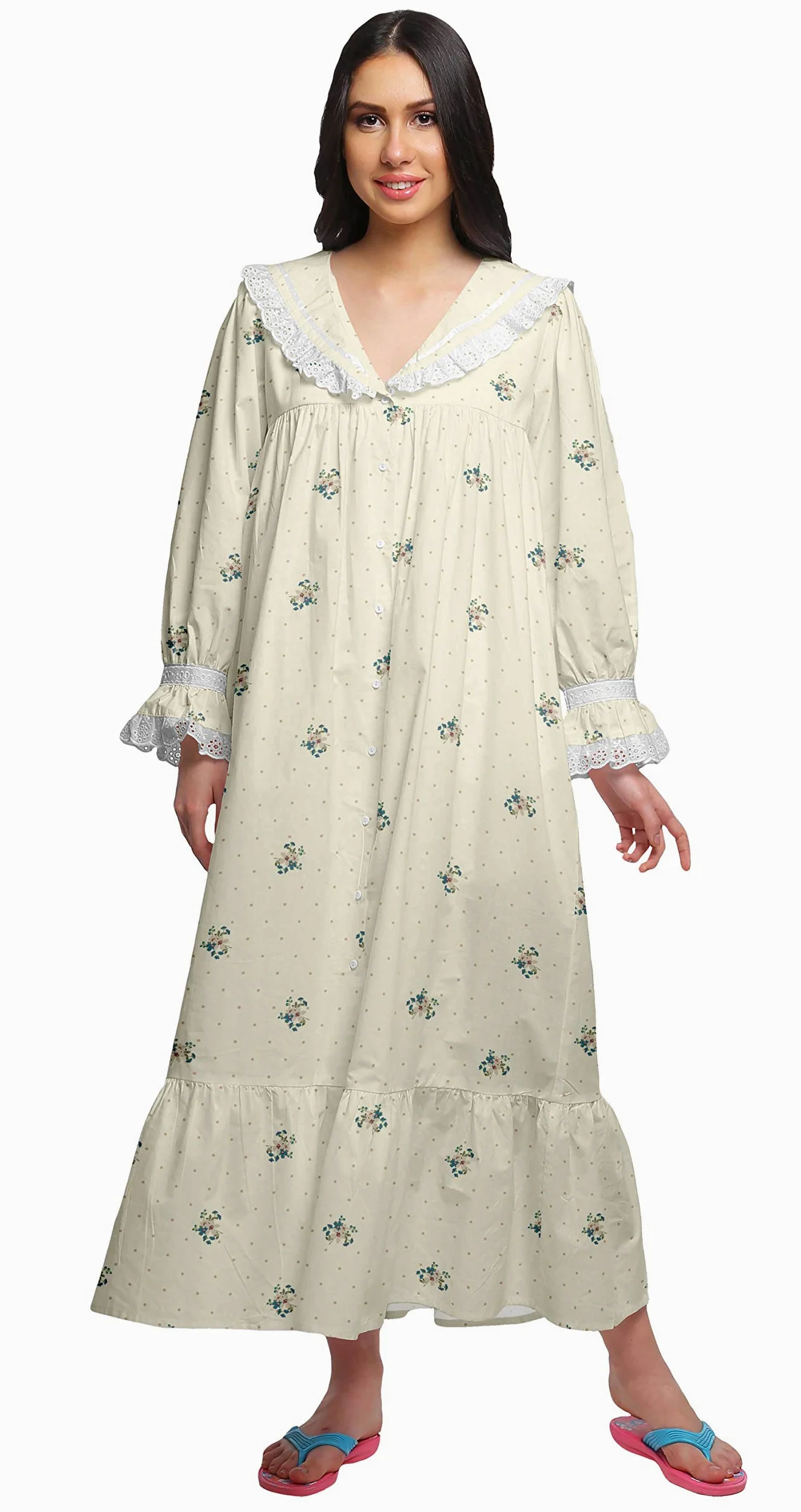 Moomaya Camison De Algodon Estampado para Mujer Maxi con Borde con Volantes