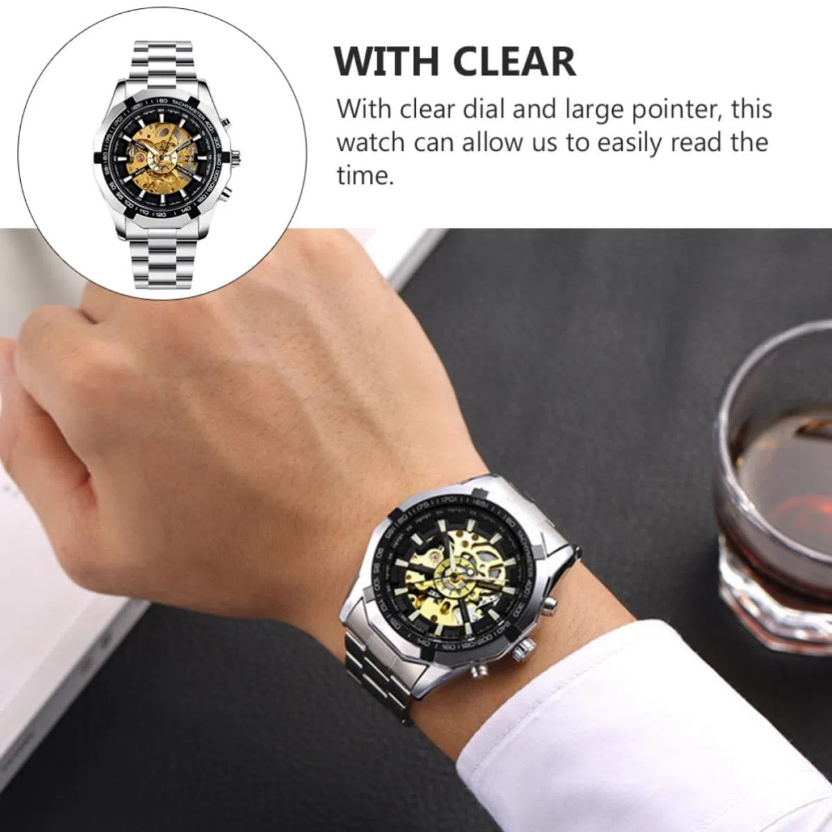 LALAFINA Reloj Mecánico Esqueleto para Hombre de Negocios, Aleación de Zinc