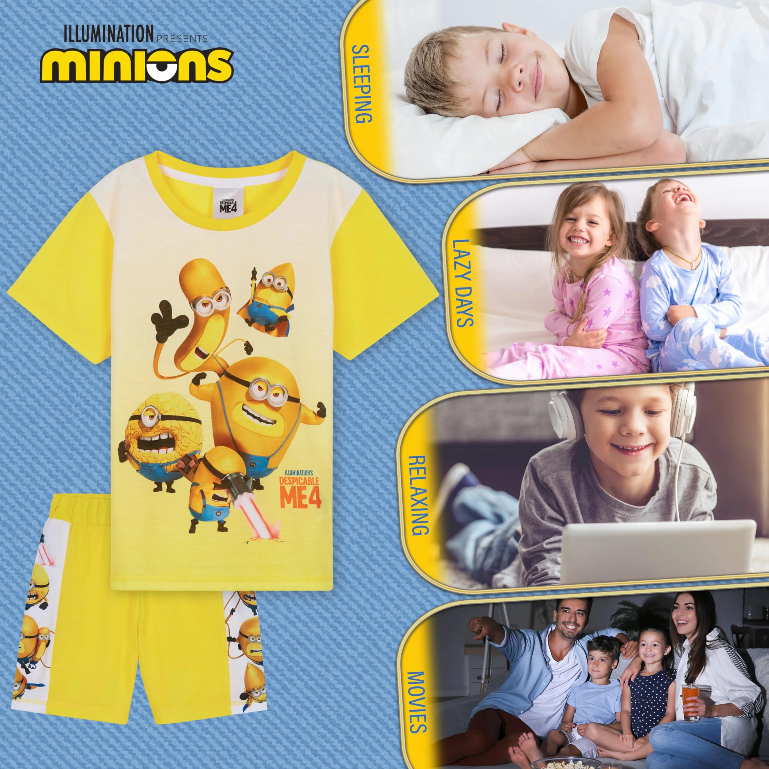 Minions Transpirable Pijama Niño Corto, Set de 2 Piezas - Regalo para Niños (Azul/Mostaza, 4-5 Años)