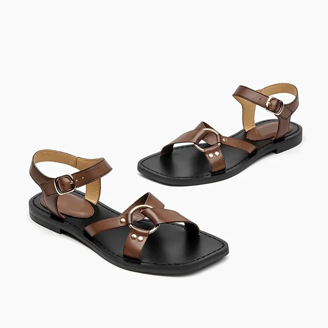 Sandalias básicas de piel de vacuno con hebilla y correa al tobillo para mujer, tacón plano, estilo casual, para verano, Brown, 40.5 EU
