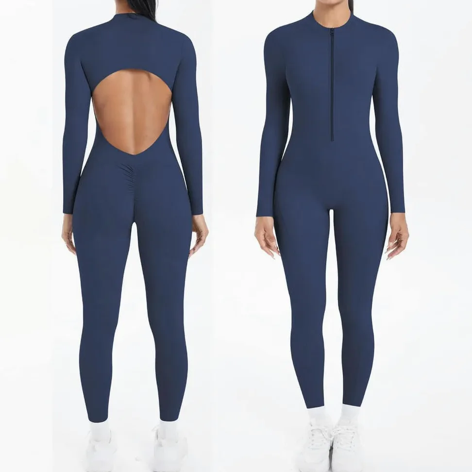 GLDFW - Body sólido para mujer, sin espalda, manga larga, cremallera, para yoga, entrenamiento, deportes, fitness, conjunto de ropa