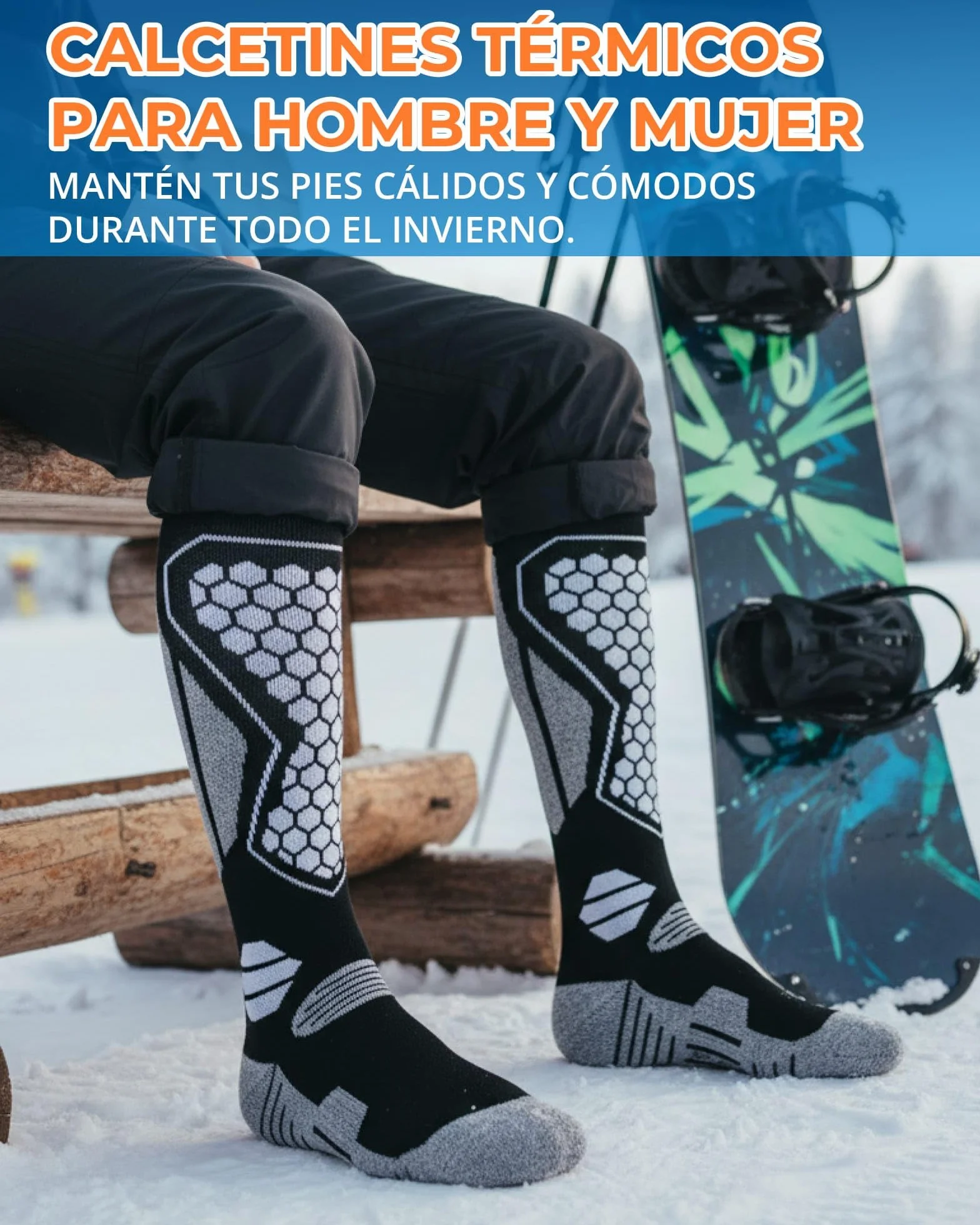Calcetines de Esquí Lana Merino Térmicos – 2 Pares Calcetines Altos para Hombre y Mujer, Cálidos, Transpirables e Imbottados para Nieve, Snowboard y Invierno