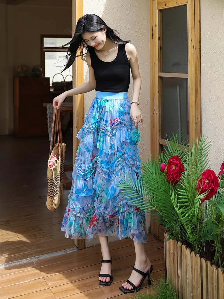 Faldas Mujer, Skirts Tul en Capas Mujer Falda Princesa Floral Cintura Alta Falda Interior Irregular Corte Estilo Informal Básica Salir A la Playa Y Vacaciones.