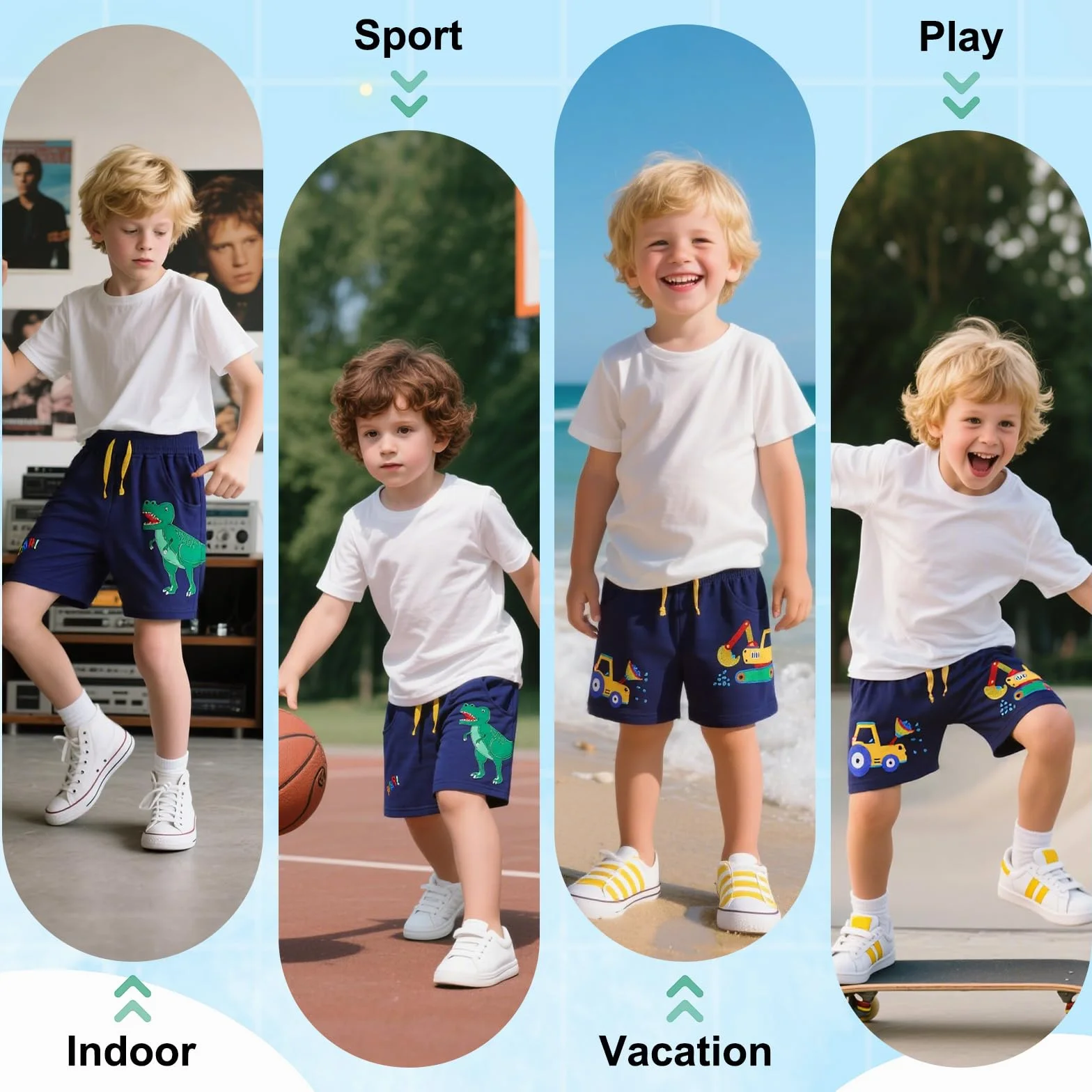 JinBei Bermudas Niño Algodón 2 Bolsillos Cintura Elástica Patrón Dinosaurio Excavadora Azul Marino 2-7 Años