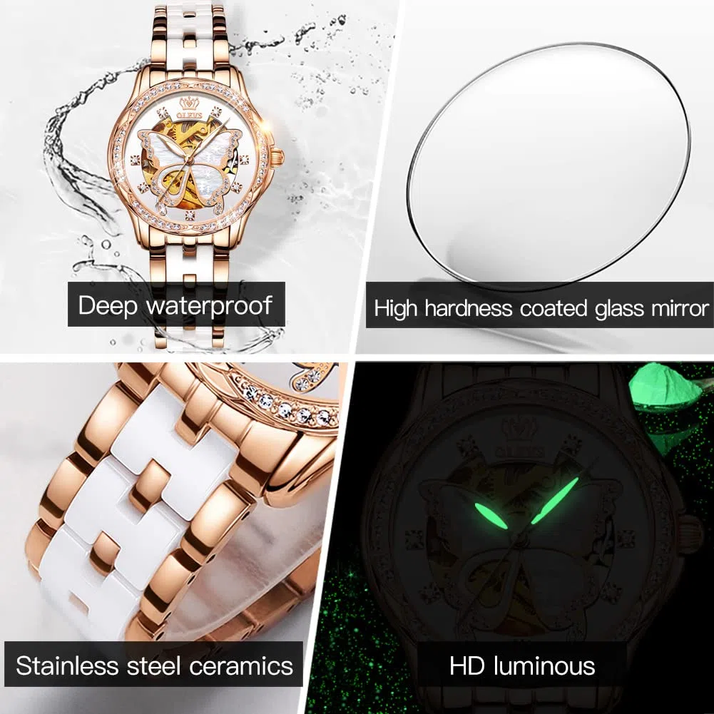 OLEVS Relojes automáticos para mujer, oro rosa, vestido de diamantes de moda, reloj de pulsera mecánico de dos tonos, correa de cerámica impermeable luminosa, juego de regalo, Esfera de mariposa