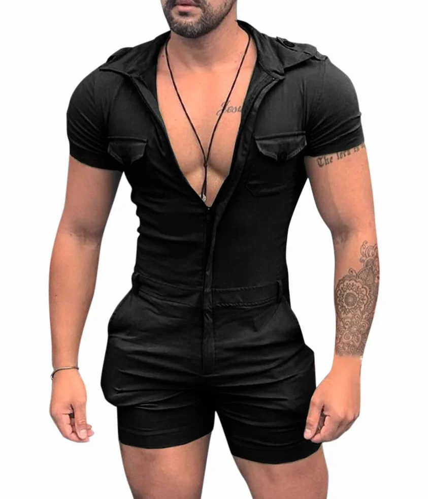 Mono de Manga Corta para Hombre Informal con Bolsillo Color Sólido Cremallera/Botón Una Pieza Verano
