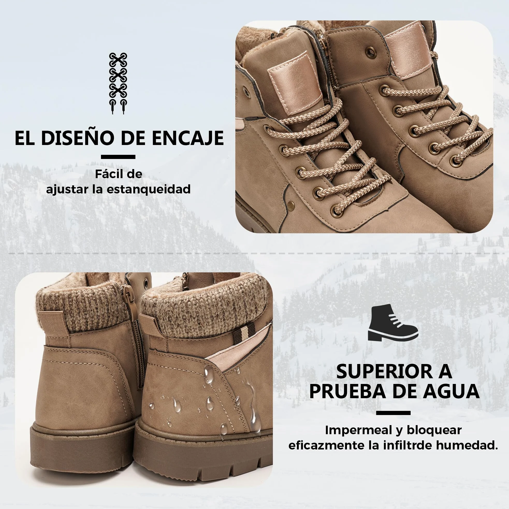 GLAMORA Botines de Invierno para Mujer, Botas de Nieve con Pelo, Cómodas y Antideslizantes, Cremallera Lateral y Cordones