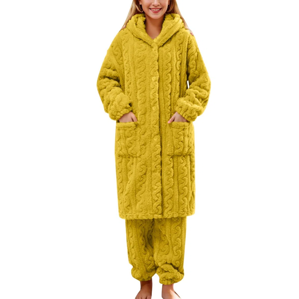 Generisch Pijama para mujer, conjunto de pijama difuso para mujer, cálido y esponjoso, de manga larga, ropa de dormir de felpa, ropa de dormir térmica con bolsillos