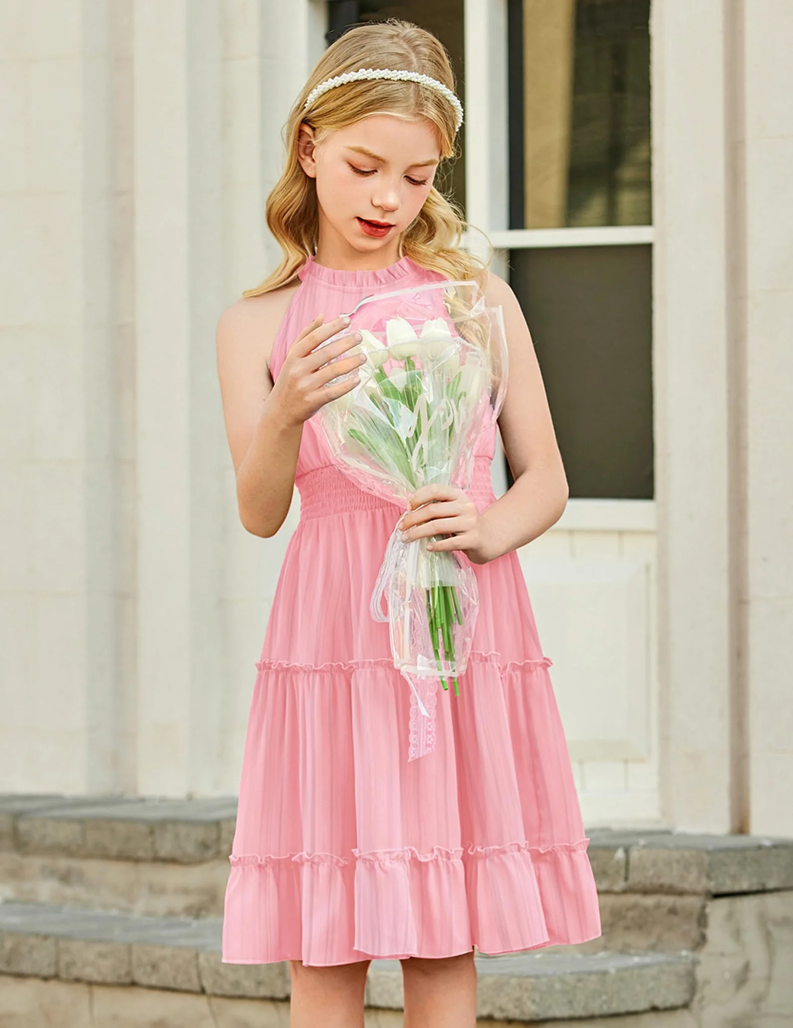 Arshiner Vestidos para Niña Verano Sin Mangas Fiesta Niños Vestido Festivo Cuello Halter Vestidos Ligero Gasa Hombros Descubiertos Midi Informal Corte A Vestido de Noche Elegante para Niñas 6-13 Años