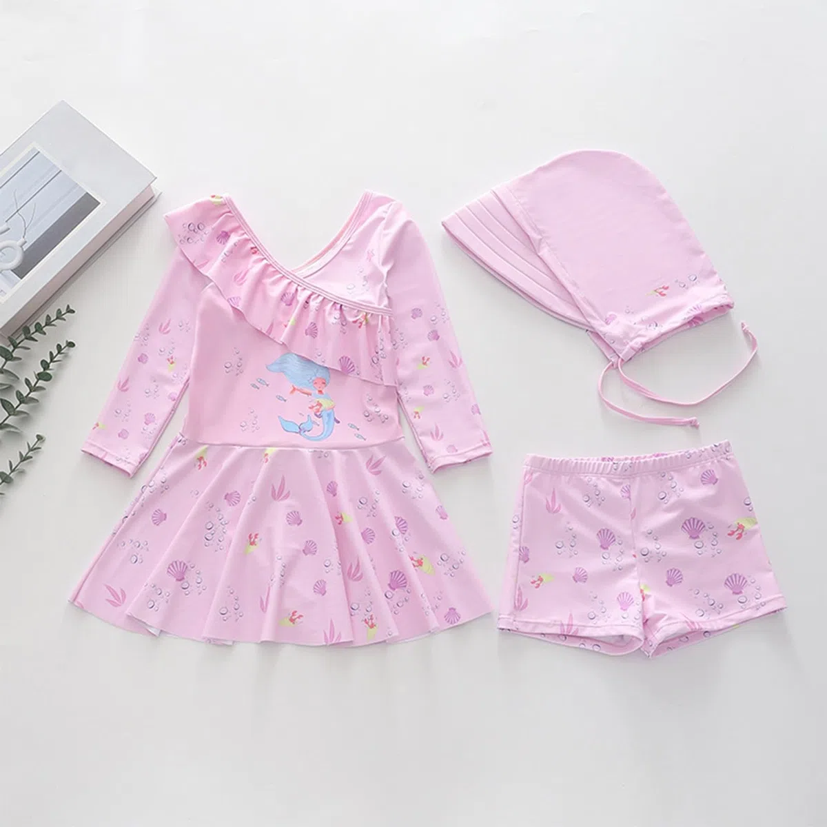 Traje de baño de verano para niños y niñas, de dos piezas, con falda y gorro de baño a juego, bonito tankini con volantes para niños mayores, adolescentes y jóvenes