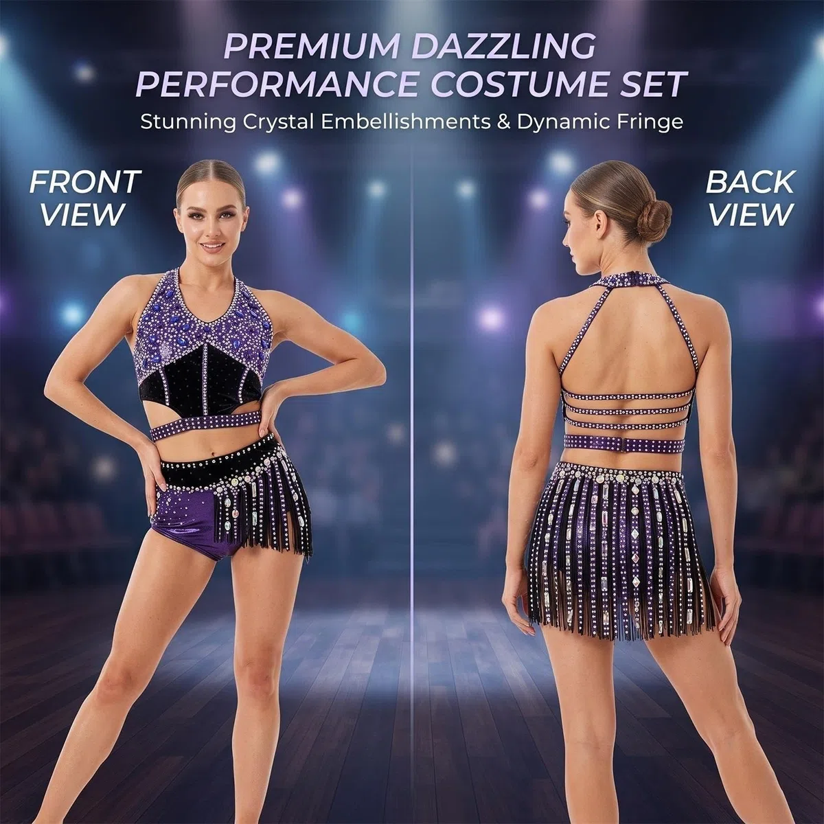 Conjunto de danza jazz 2 piezas con pedrería y flecos mujer y adolescente