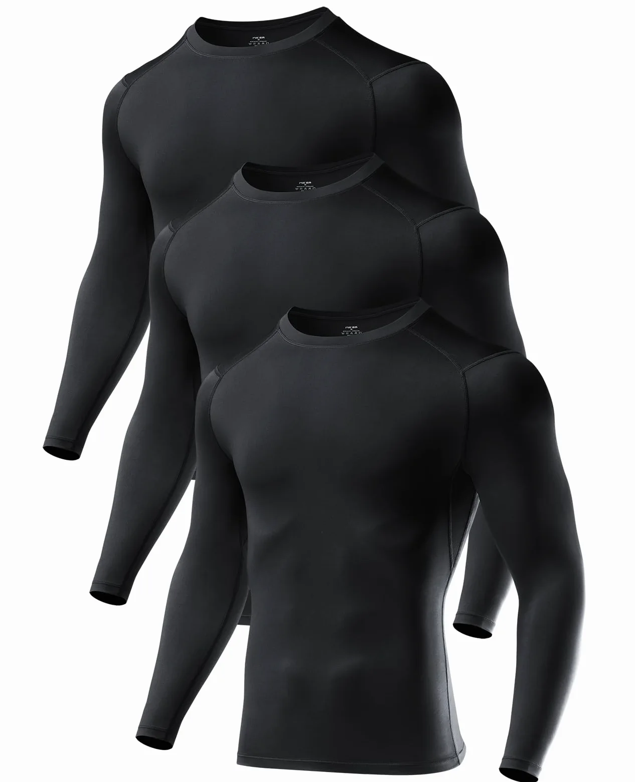 Niksa Paquete de 3 camisetas de compresión de manga larga para hombre, camiseta interior atlética fresca y seca para entrenamiento, capa base para correr